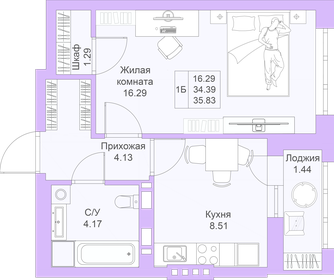 Квартира 35,8 м², 1-комнатная - изображение 1