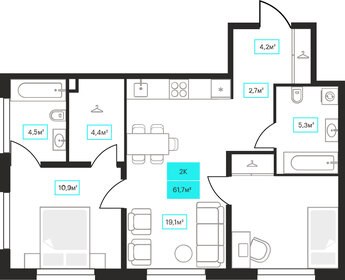 Квартира 61,7 м², 2-комнатная - изображение 1