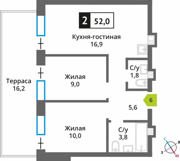 52 м², 2-комнатная квартира 9 807 200 ₽ - изображение 1