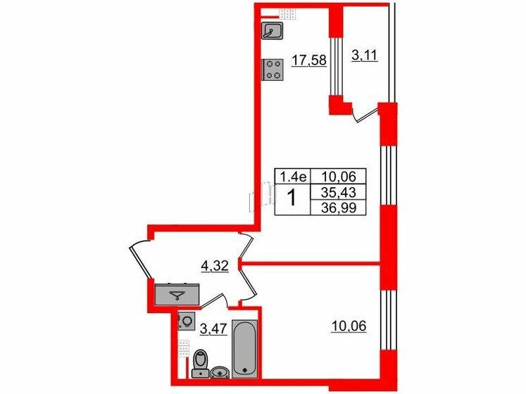 35,4 м², 1-комнатная квартира 6 700 096 ₽ - изображение 1