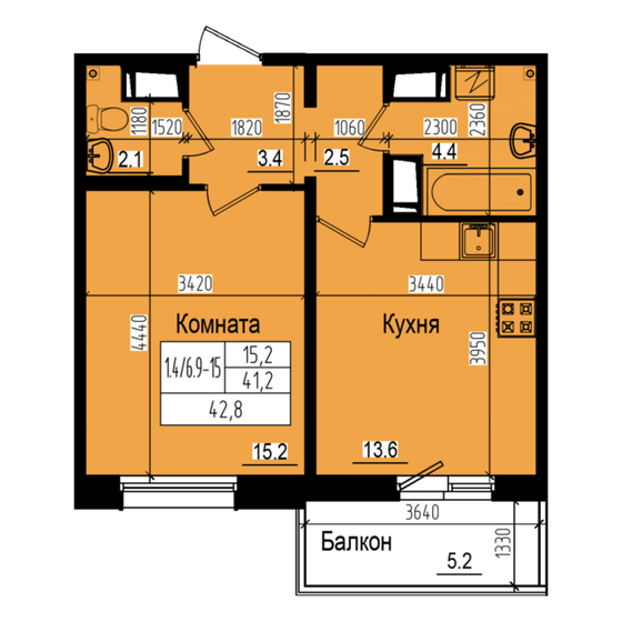 42,8 м², 1-комнатная квартира 9 309 223 ₽ - изображение 1