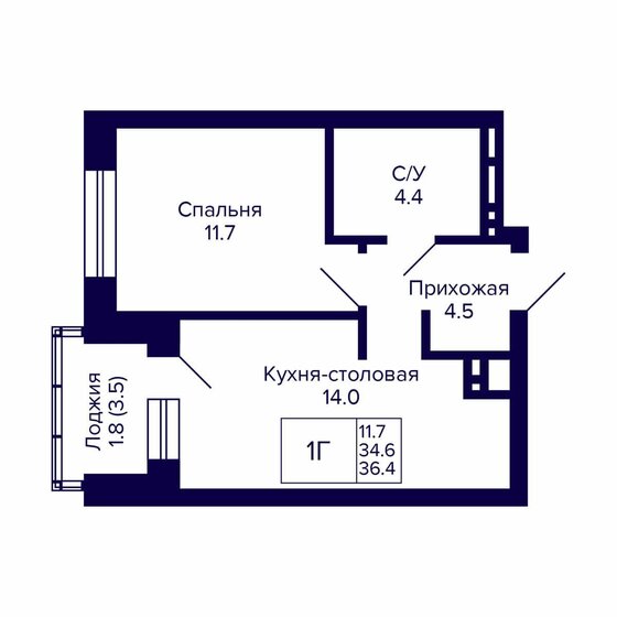 36,4 м², 1-комнатная квартира 4 560 000 ₽ - изображение 1