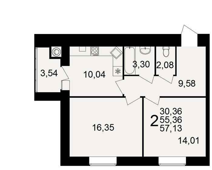 57,1 м², 2-комнатная квартира 5 284 525 ₽ - изображение 1