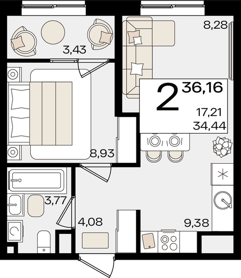 36,2 м², 2-комнатная квартира 10 667 200 ₽ - изображение 1