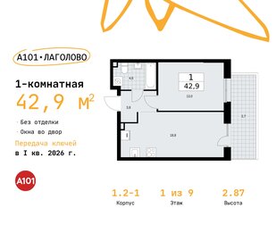 Квартира 42,9 м², 1-комнатная - изображение 1