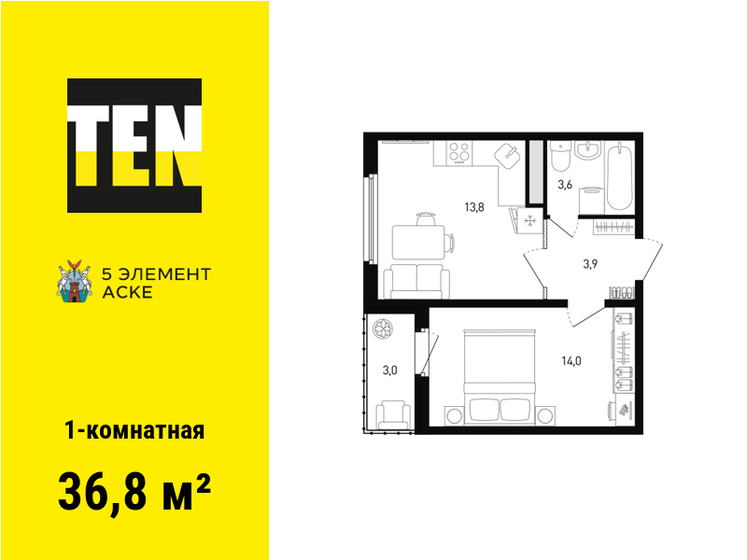 36,8 м², 1-комнатная квартира 5 115 200 ₽ - изображение 1