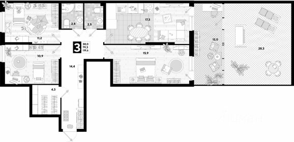 Квартира 122,7 м², 3-комнатная - изображение 1