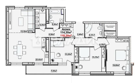 Квартира 113,9 м², 3-комнатная - изображение 1