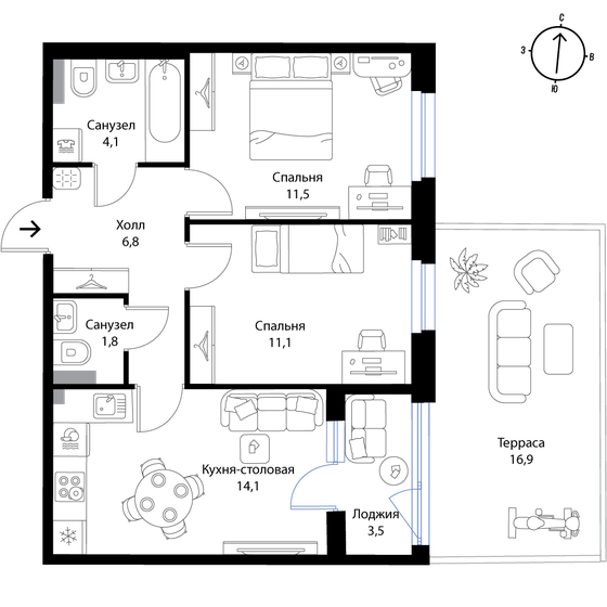 56,3 м², 2-комнатная квартира 10 049 550 ₽ - изображение 1