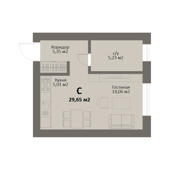 29,7 м², квартира-студия 3 913 800 ₽ - изображение 1