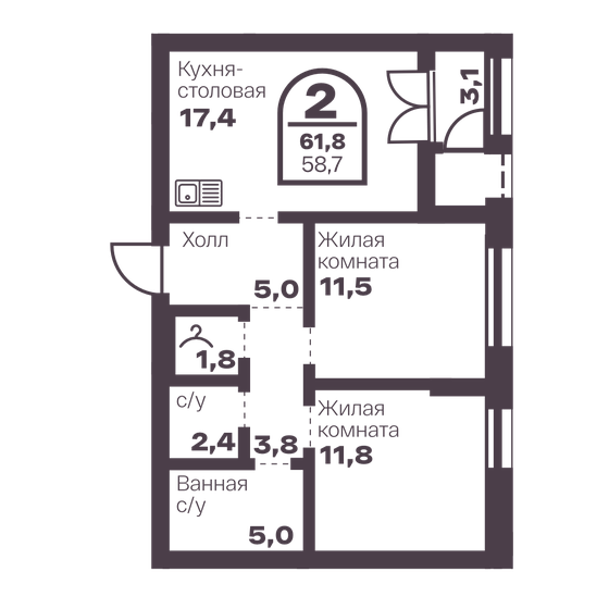 58,7 м², 2-комнатная квартира 10 037 700 ₽ - изображение 1