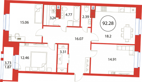 Квартира 92,3 м², 3-комнатная - изображение 1