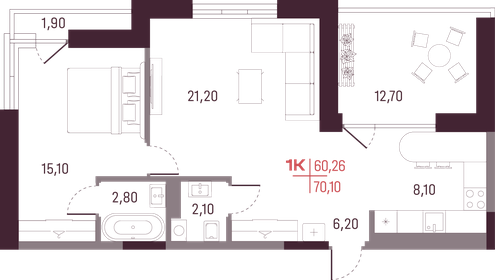 Квартира 60,3 м², 1-комнатная - изображение 1