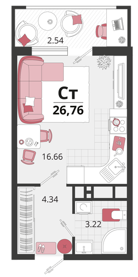 26,8 м², 1-комнатная квартира 4 549 200 ₽ - изображение 1