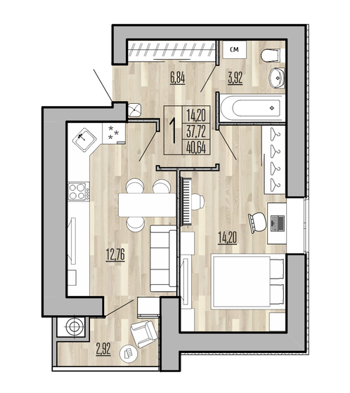 40,6 м², 1-комнатная квартира 3 291 120 ₽ - изображение 1