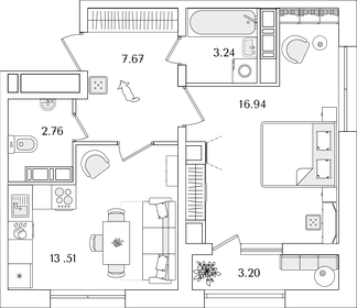 Квартира 45,7 м², 1-комнатная - изображение 1