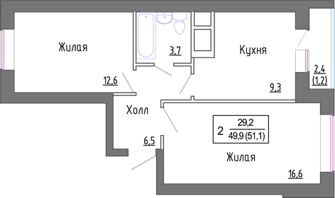 Квартира 49,6 м², 2-комнатная - изображение 1