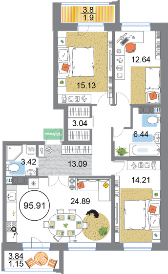 95,9 м², 3-комнатная квартира 26 845 208 ₽ - изображение 1