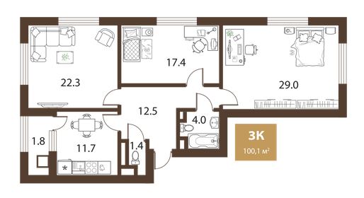 Квартира 100,1 м², 3-комнатная - изображение 5