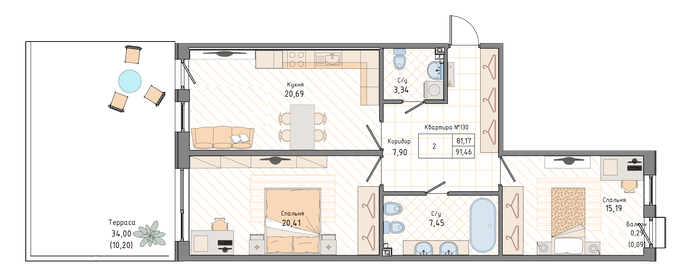 Квартира 91,5 м², 2-комнатная - изображение 1