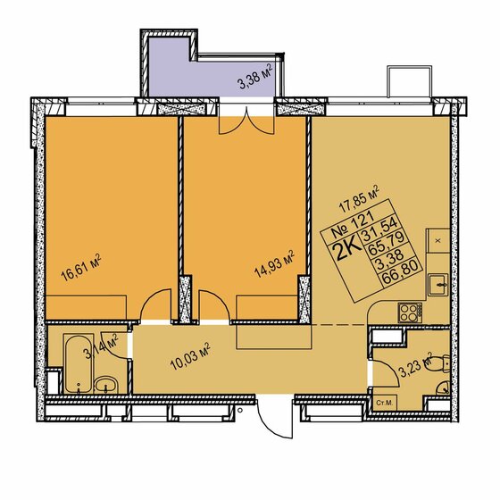 66,8 м², 2-комнатная квартира 9 890 000 ₽ - изображение 1