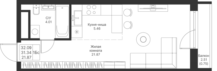 Квартира 32,1 м², студия - изображение 1