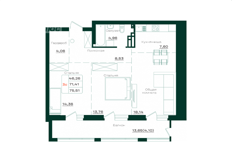 75,5 м², 3-комнатная квартира 8 990 000 ₽ - изображение 1