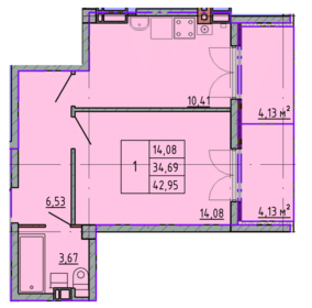 Квартира 42,9 м², 1-комнатная - изображение 1