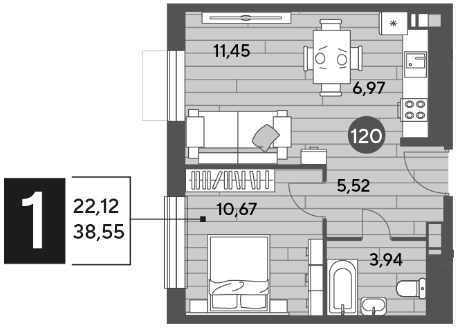 38,6 м², 1-комнатная квартира 5 643 720 ₽ - изображение 1