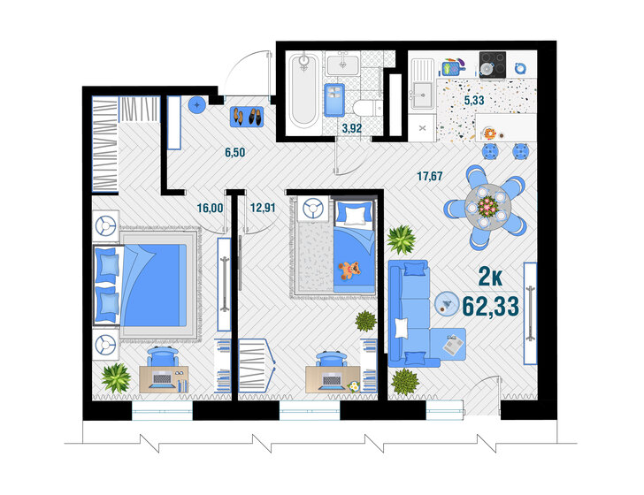 62,3 м², 2-комнатная квартира 7 915 910 ₽ - изображение 1