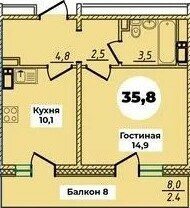 Квартира 39,4 м², 1-комнатная - изображение 1