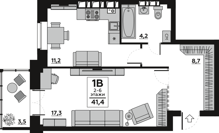 41,4 м², 1-комнатная квартира 4 900 000 ₽ - изображение 1