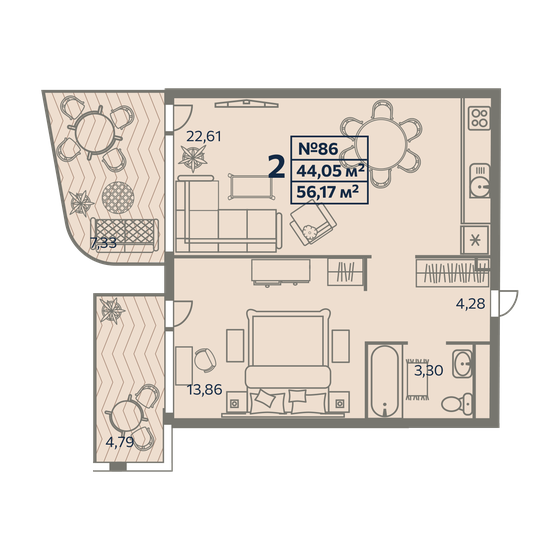 56,2 м², 2-комнатные апартаменты 9 829 750 ₽ - изображение 1