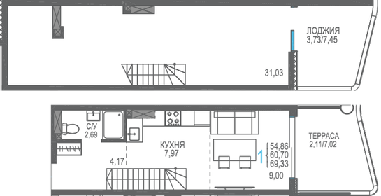 Квартира 60,7 м², 1-комнатная - изображение 1