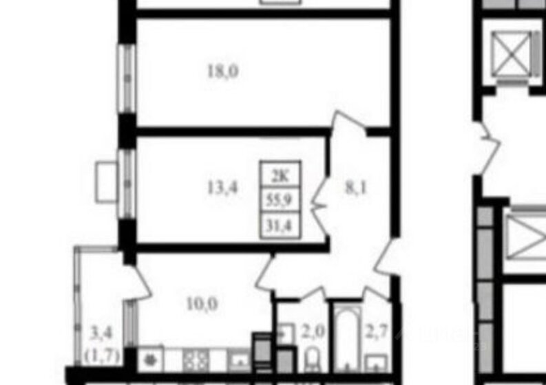 57,6 м², 2-комнатная квартира 21 500 000 ₽ - изображение 1