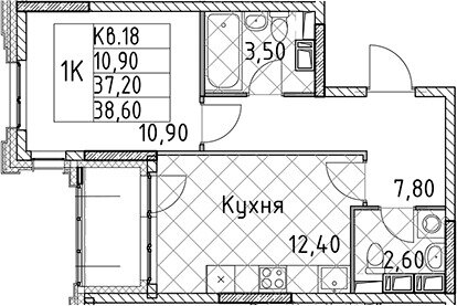 Квартира 38,6 м², 1-комнатная - изображение 1