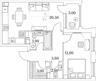 Квартира 49,6 м², 1-комнатная - изображение 1