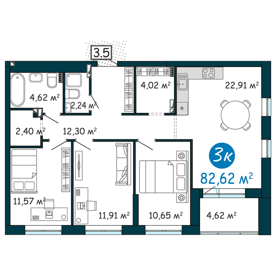 82,6 м², 3-комнатная квартира 9 403 000 ₽ - изображение 1