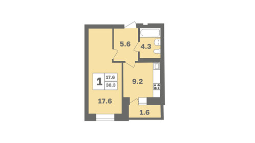 Квартира 38,3 м², 1-комнатная - изображение 1