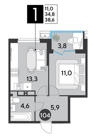 Квартира 38,6 м², 1-комнатная - изображение 2