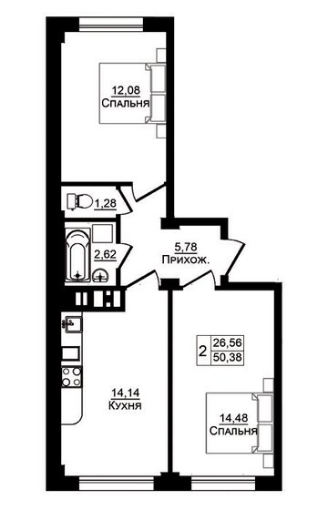 50,4 м², 2-комнатная квартира 7 570 000 ₽ - изображение 1