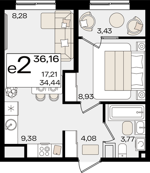 34,4 м², 2-комнатная квартира 11 582 048 ₽ - изображение 1