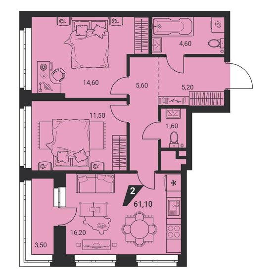 61,1 м², 2-комнатная квартира 8 868 743 ₽ - изображение 1