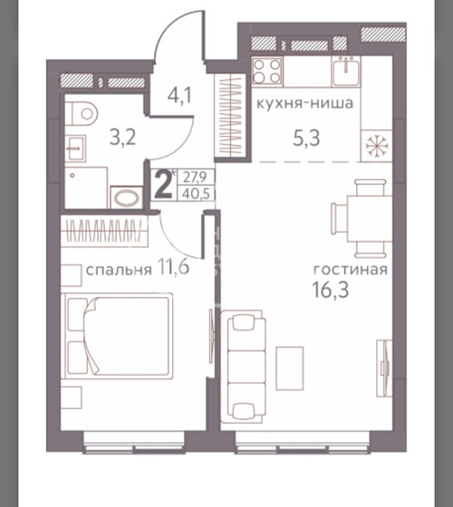 40,4 м², 2-комнатная квартира 5 990 000 ₽ - изображение 1