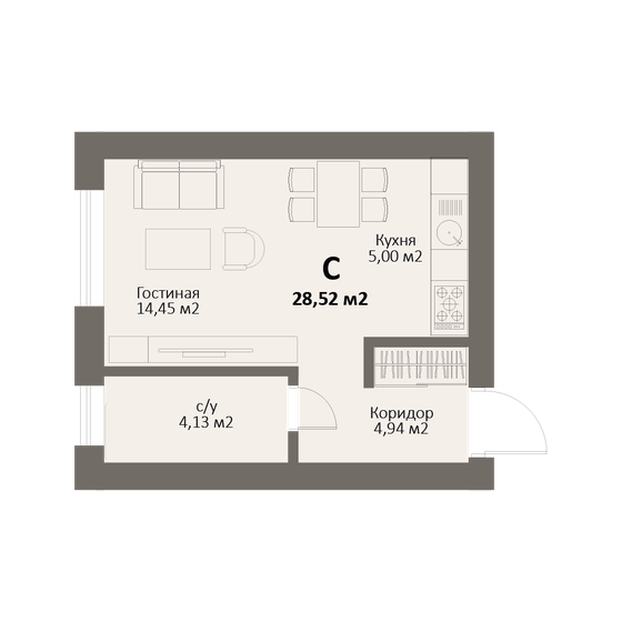 28,5 м², квартира-студия 4 135 400 ₽ - изображение 1