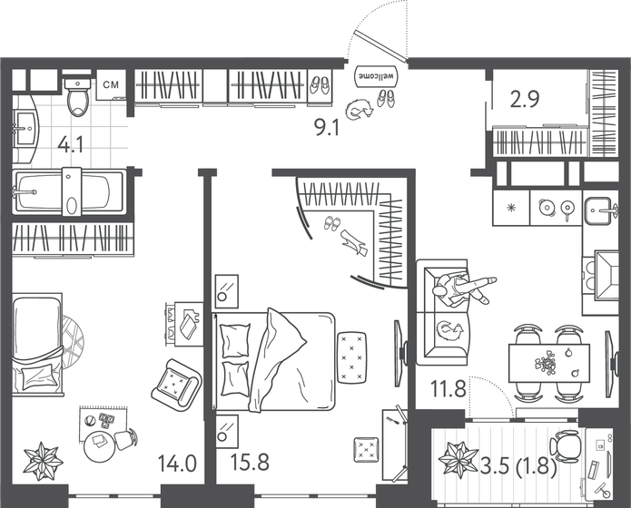 61,5 м², 1-комнатная квартира 13 065 080 ₽ - изображение 23