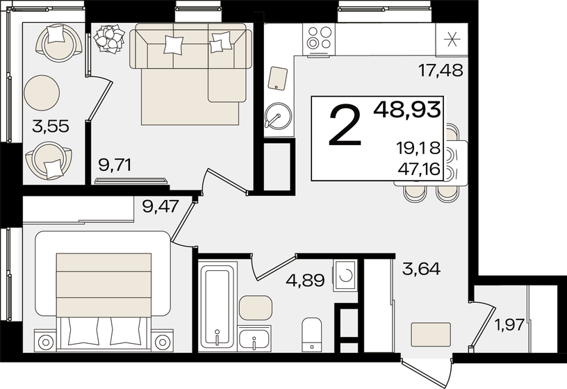 48,9 м², 2-комнатная квартира 13 651 470 ₽ - изображение 1