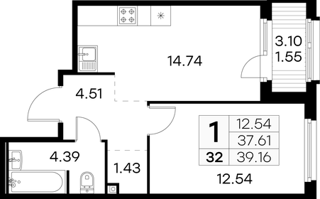 Квартира 39,2 м², 1-комнатная - изображение 1