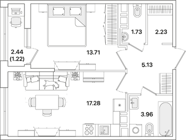 Квартира 45,3 м², 1-комнатная - изображение 1