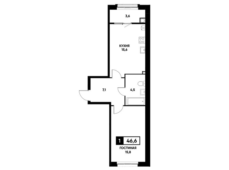 46,6 м², 1-комнатная квартира 4 520 200 ₽ - изображение 1